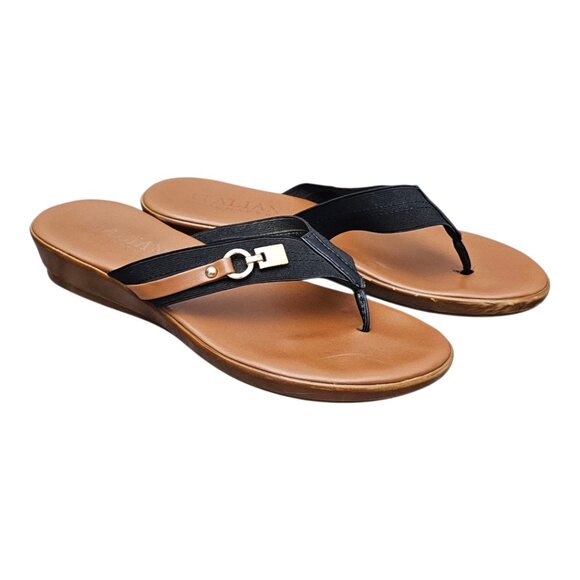 Italian Shoemakers Vale Women's Thong Tan Black Slip On Flip Flop Heel Sandals - Picture 3 of 11